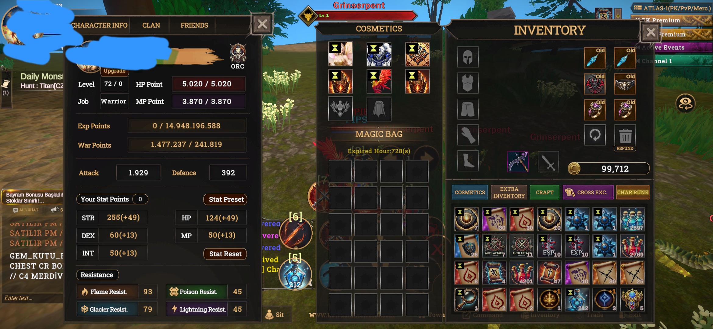 Atlas 72 lvl Warrior 1.5m np 70 skill açık itemli