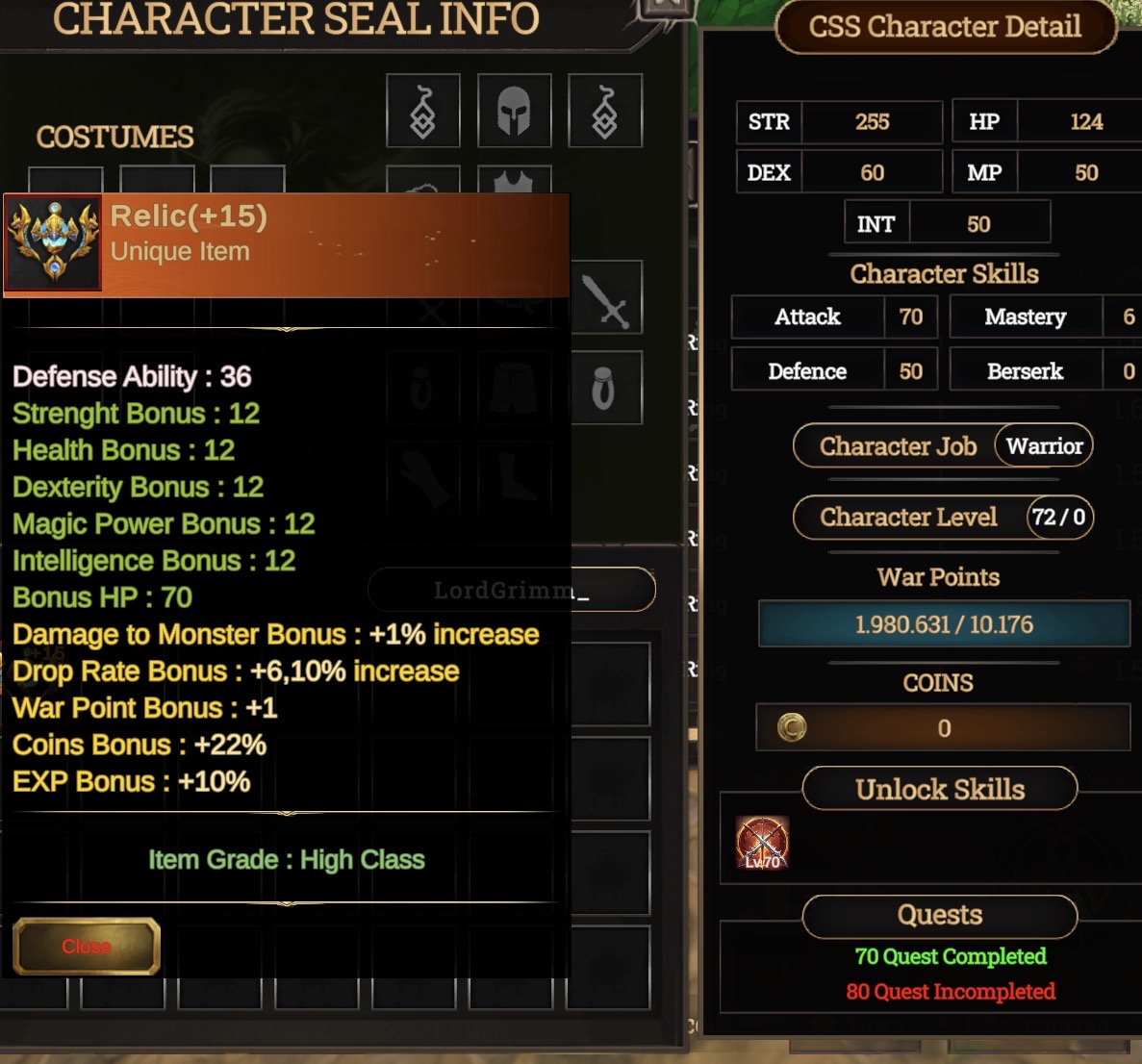 +15 RELİCLİ 72 LVL WARİOR SKİL AÇIK 2 mn yakın NP
