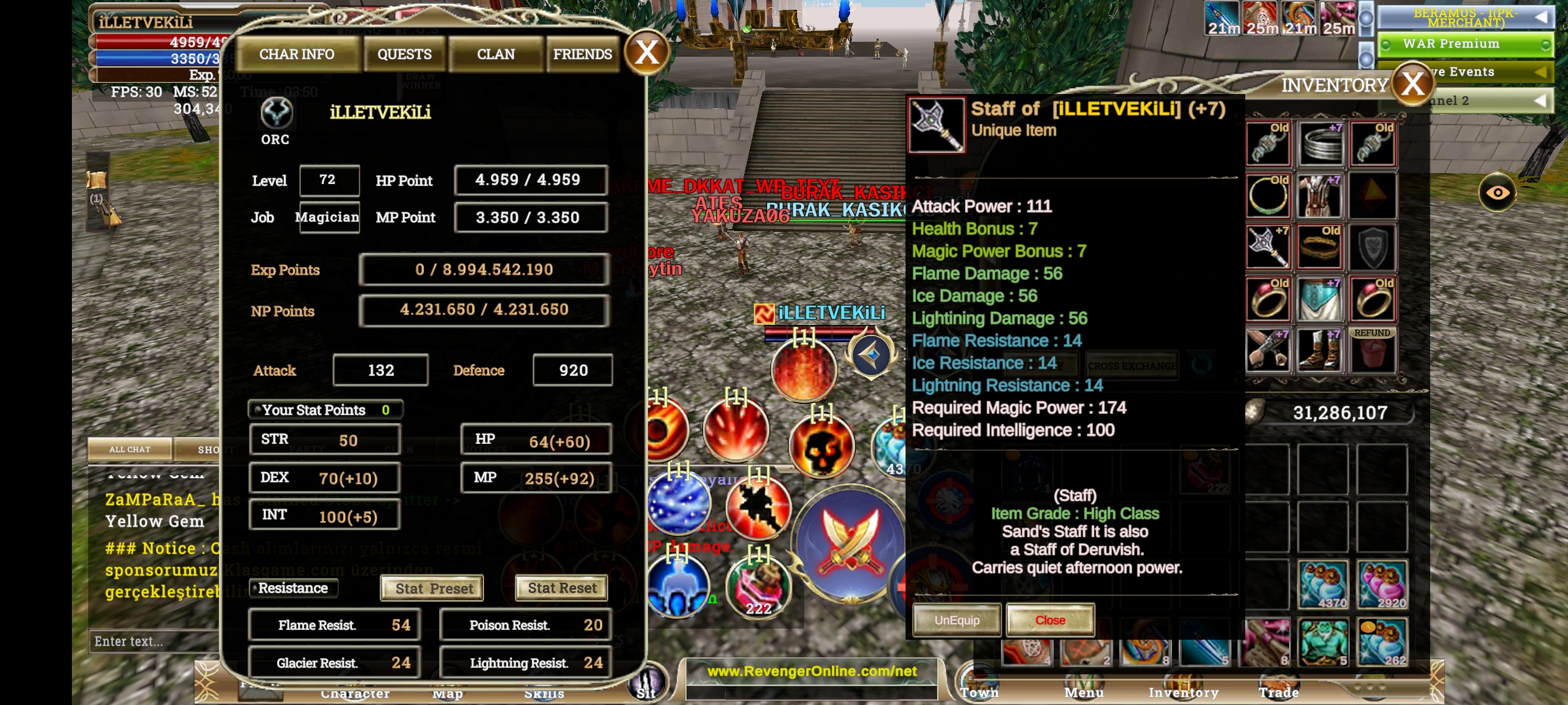 4.3 M NP Lİ +7 QUEST STAFFLİ 70 SKİLİ ACİK MAGE SATİLİR