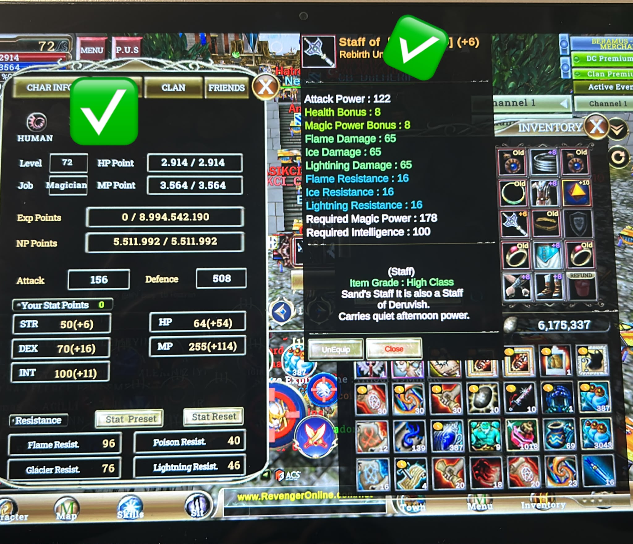 +6 REB Quest Staff (+8 yan 1) / +10 TALİSMAN / 5.5M NP / 72 MAGE / 70 Skili Açık
