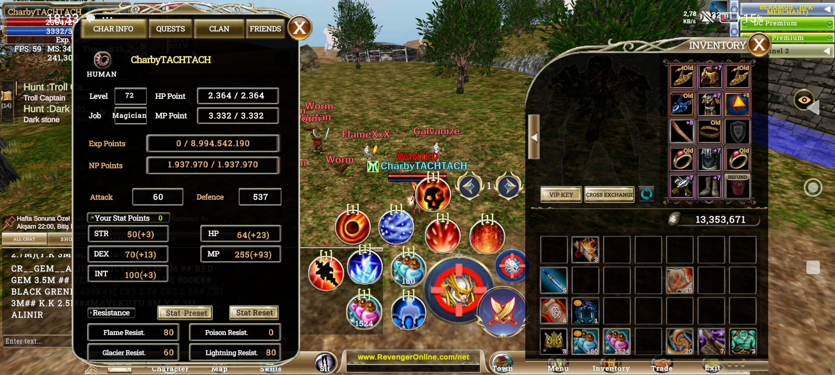 72 Level 70 açık  +5 talisman Mage
