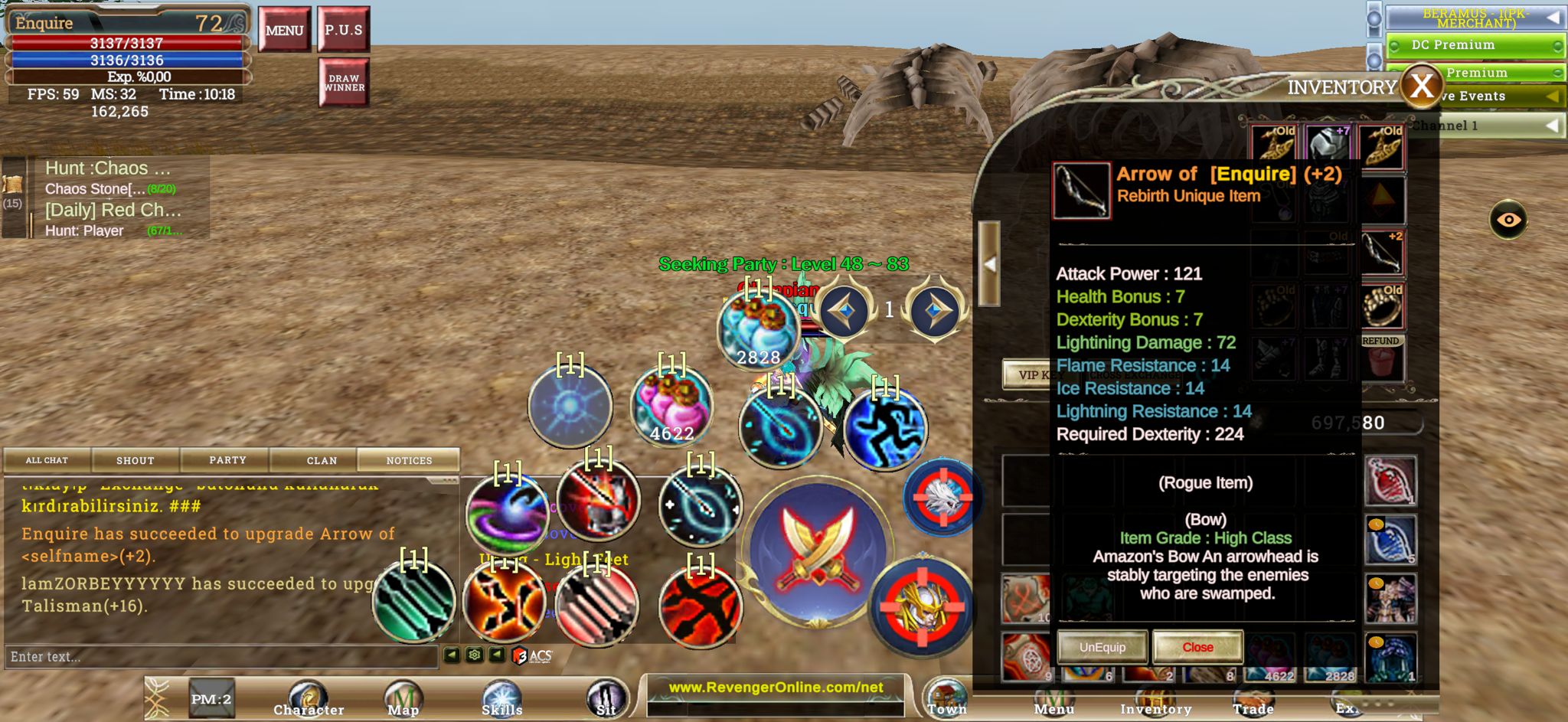 72 Lv Rogue - Reb +2 Quest Bow - 1.2m NP - İtemli - 70 Skill Açık FULL PUS