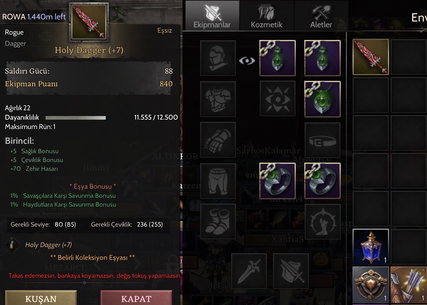 85 LV +7 HOLY DAGGER FUL PUS ÇİFT REG 4 SKİLL AÇIK