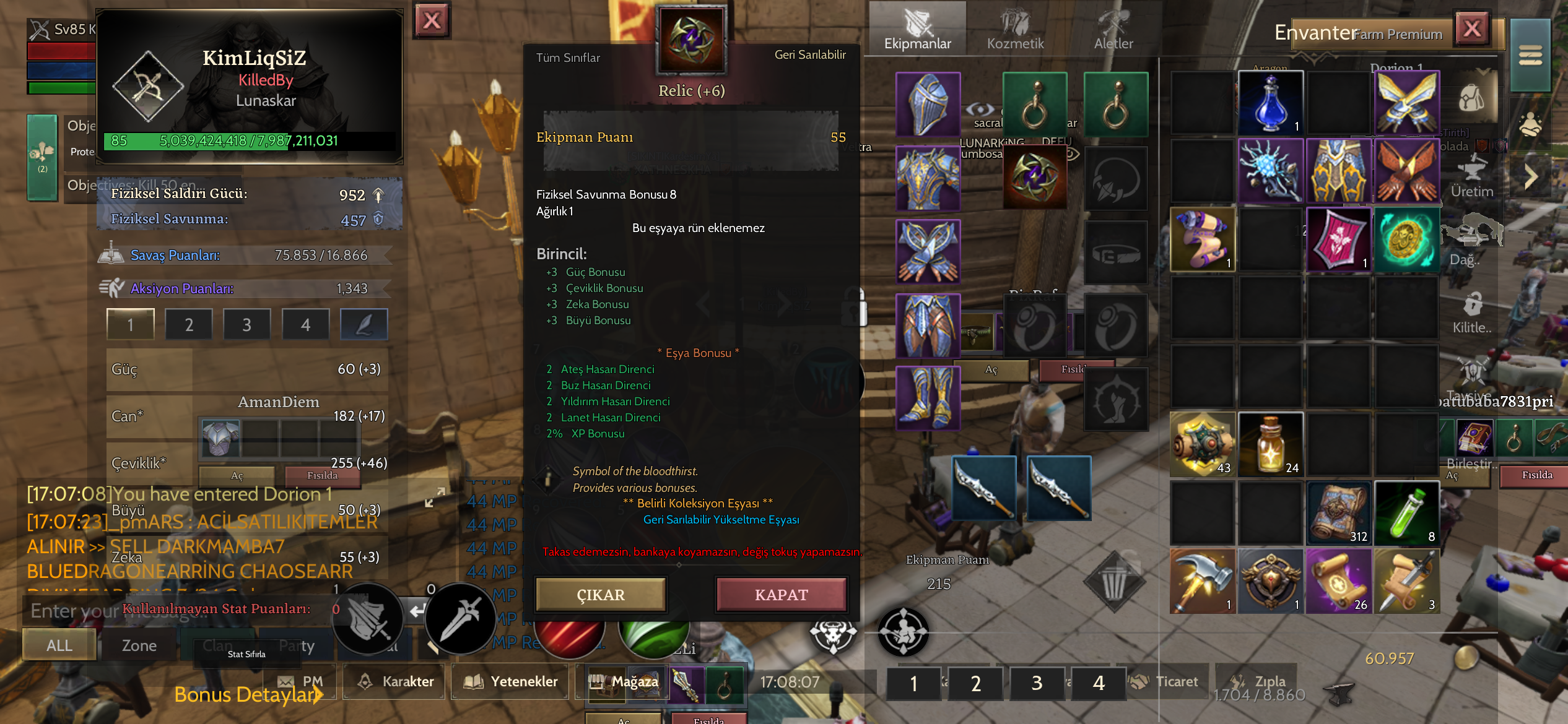 Lunaskar Rogue 85 lwl relic 5 topalaması hepsi 10 sağ taraf da gm1 e yakın