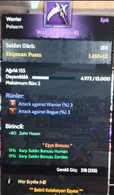 War Scythe (+8) ÇİFT RÜN %3 dmg Warrior + Rogue