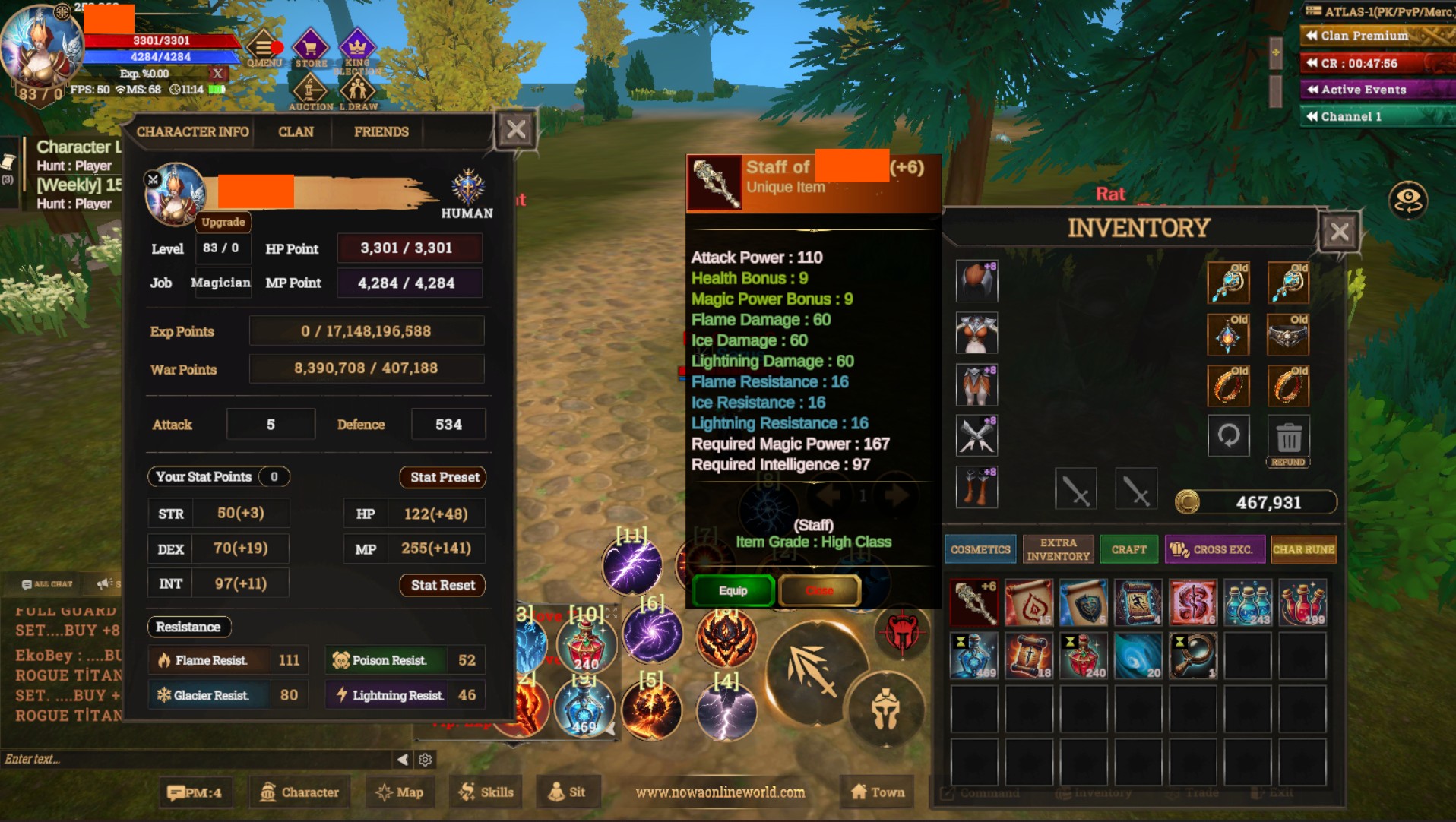 +6 quest staflı +6 relicli skili açık 83 lvl mage kare sembollü 8.5 m np li  - PK ya hazır.