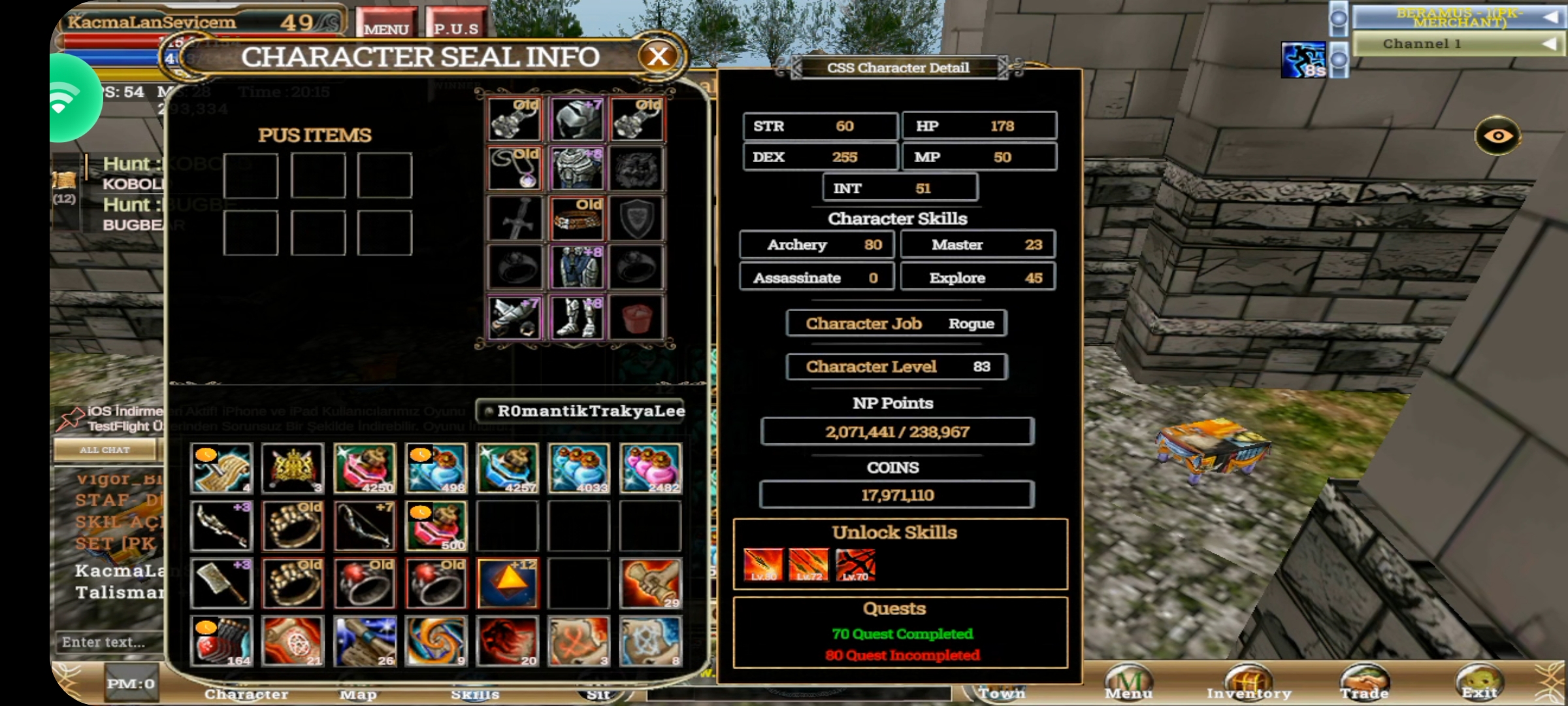 83 LVL ROGUE +7 QUEST -- 12 TALISMAN (ITEMLI) 2M NP(Tüm skilleri acik )