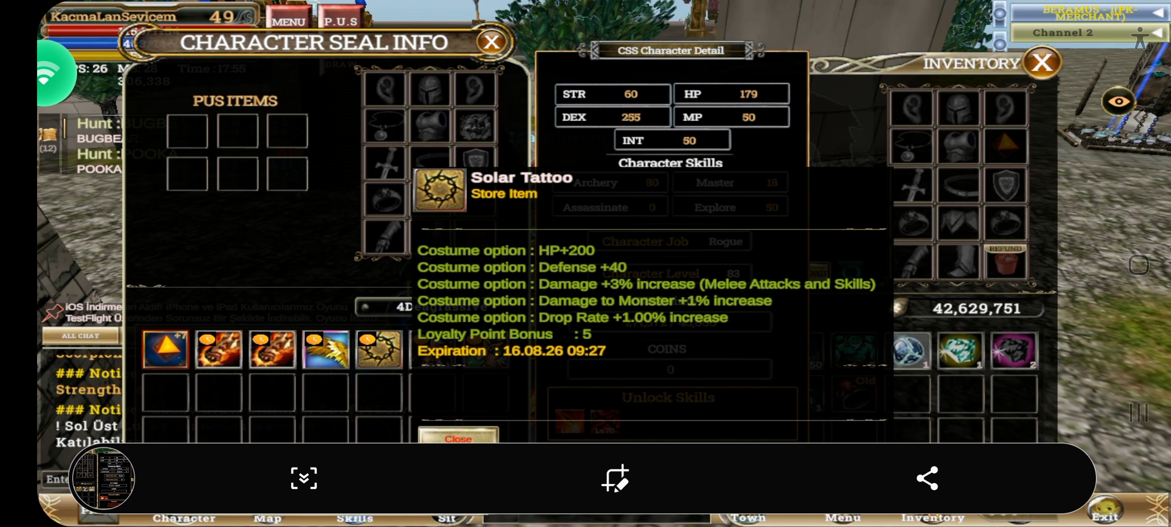 83 lvl skilleri acik +7 talisman 26 gün pus 280k Np(Okçu)