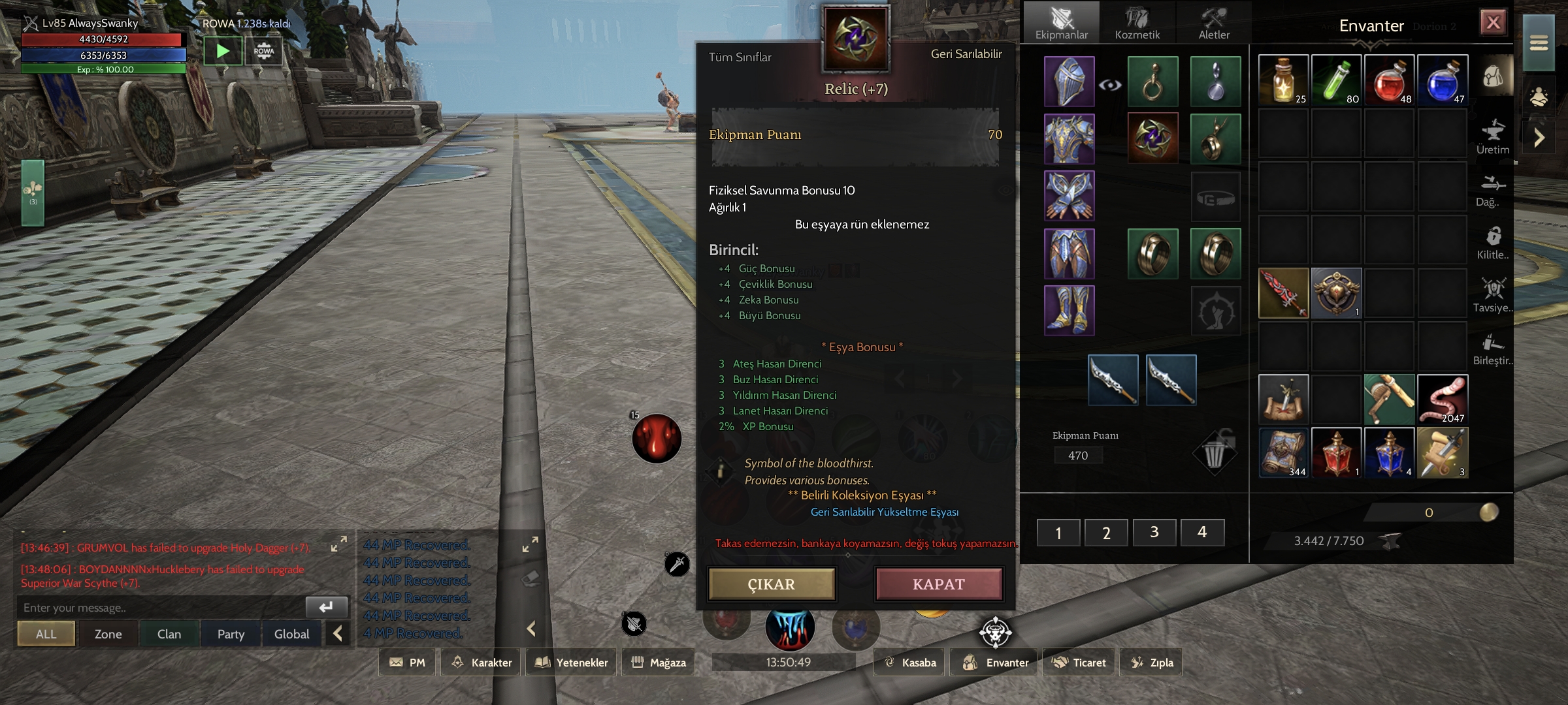85 lwl Lunaskar asas / 130k bp / +7 Relic / 2x regelia // +1 holy dagger