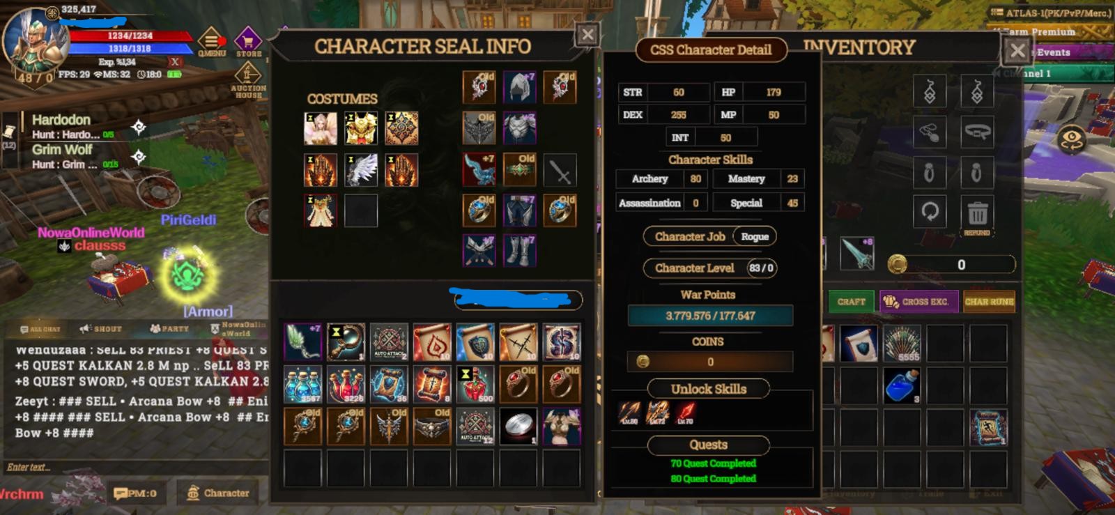 ATLAS SATILIK 83 LVL 70 72 80 SKILL AÇIK ITEMLI ROGUE