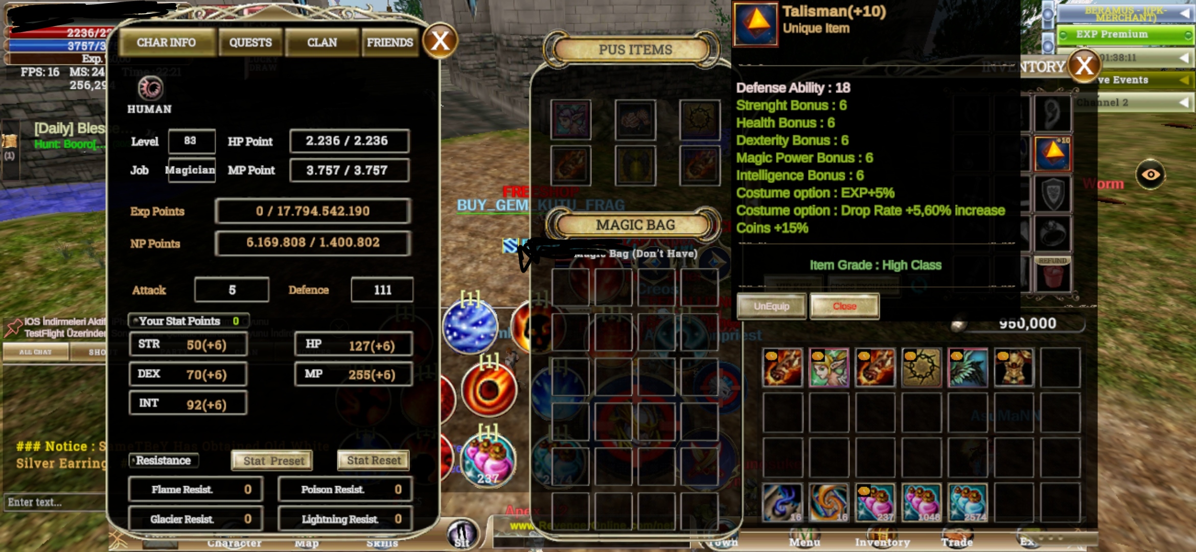 -SELL 83 MAGE 6.5M NPLİ +10 TALİSMANLI FULL PUSLU ------- ✓✓✓✓