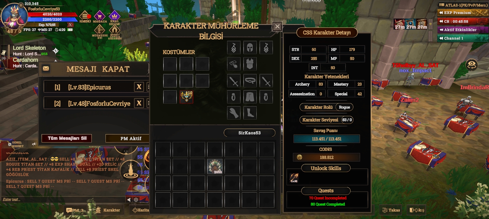 83 lvl rogue +10 relic 80 skil açık  72/83 quest duruyor 1000 kil kaldı carh ring de