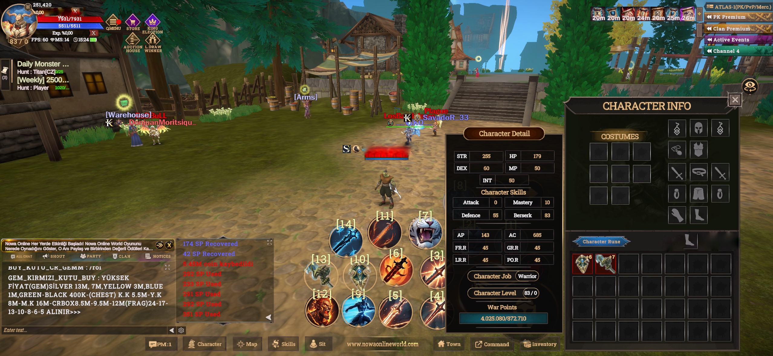 83 lvl warrior. Full skıll açık, 4m np’li +6 Quest kalkan +7 Quest sword