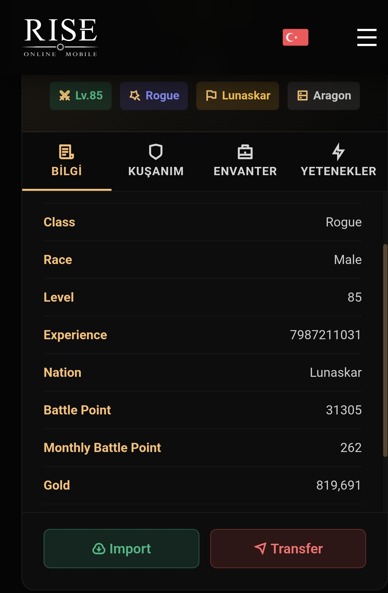 85 lvl Rogue 85 Okçu skili açık